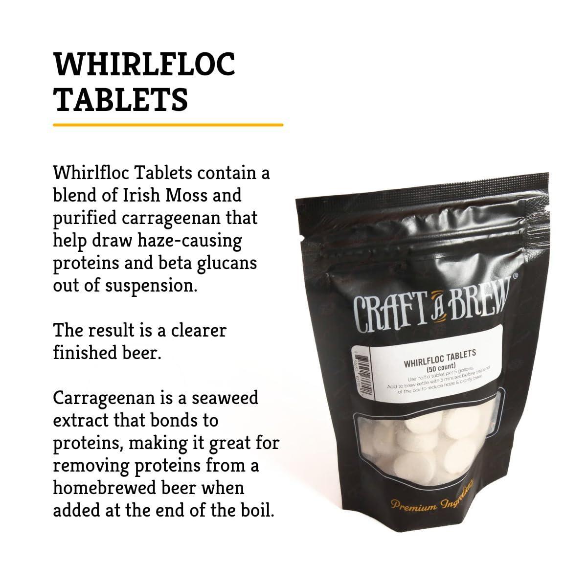 Craft A Brew - Whirlfloc Tablets - Brew Clearer Beer - For At Home Beer Brewing - Reduces Haze of At Home Brewed Beer - Blend of Irish Moss & Purified Carrageenan - Use on Brew Day - 50 Count Tablets