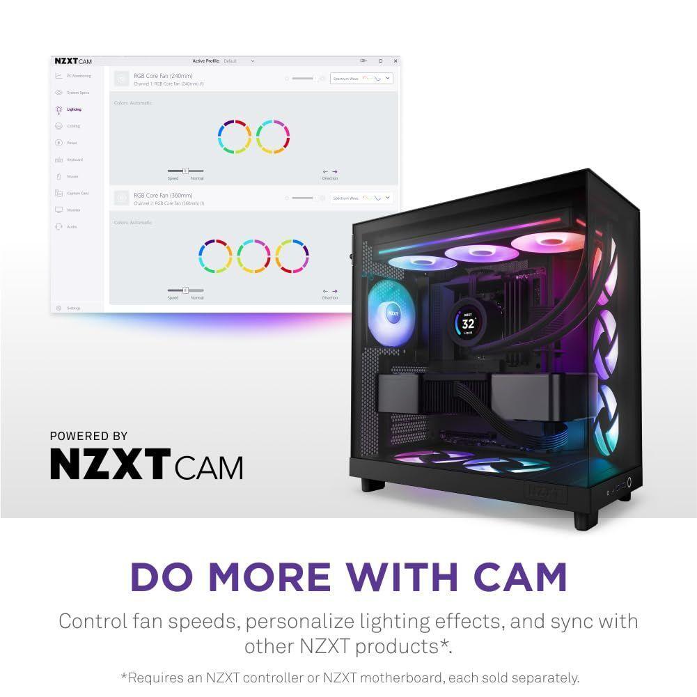 NZXT F360 RGB Core - 360mm Single-Frame Fan Unit with 3 x 120mm RGB Fans - Speed & Lighting Control - High Static Pressure & Airflow - Fluid Dynamic Bearings - 8 aRGB LEDs Per Fan - Black