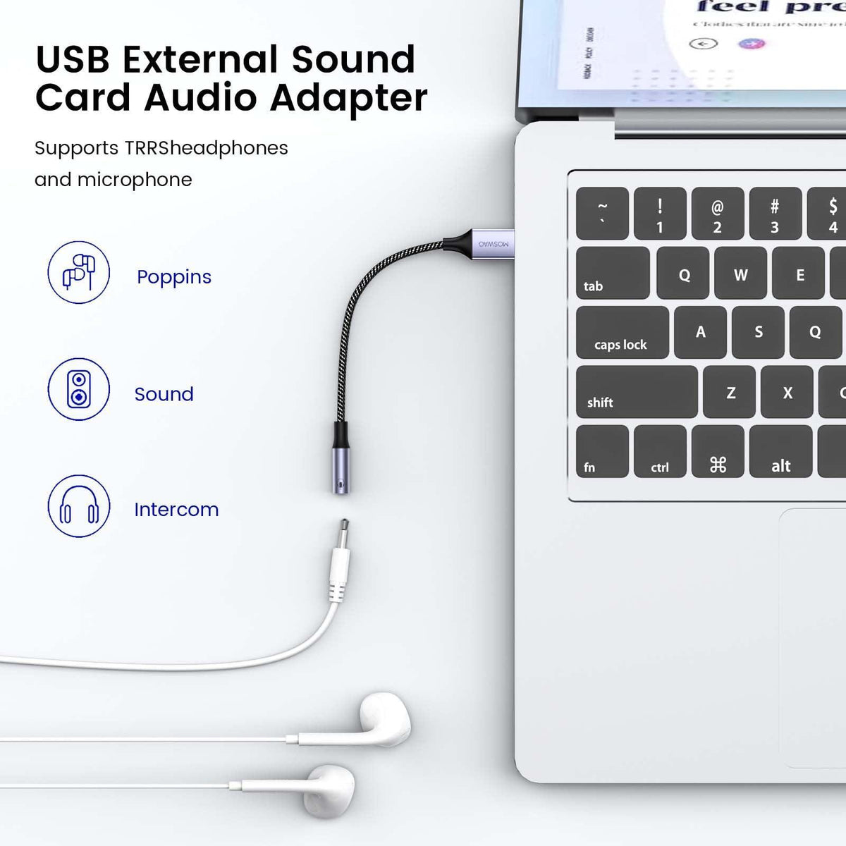 MOSWAG USB to Audio Jack Adapter 0.65Feet/20cm, External Sound Card Jack Audio Adapter with 3.5mm Aux Stereo Converter Compatible with Headset, PC, Laptop, Linux, Desktops, PS4 and More Device