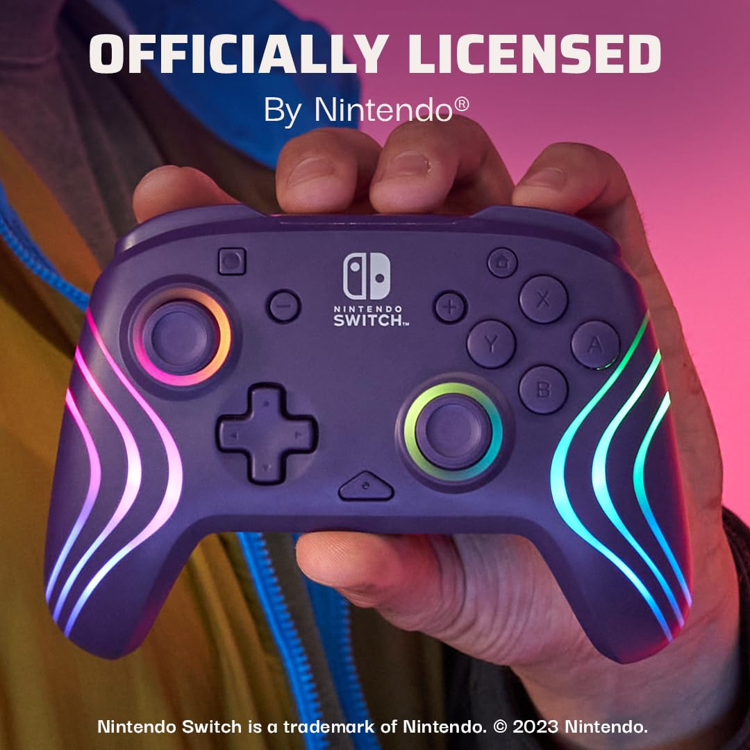 PDP Afterglow Wave Wireless RGB Gaming Controller - Nintendo Switch/Switch Lite/Switch - OLED Model, Nintendo Switch 2, LED Lighting, Rechargeable Battery - Purple