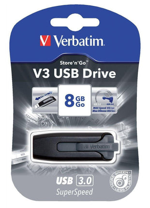 Verbatim 8GB USB 3.0 Store 'n' Go V3 Flash Drive - Cap-Less & PC/Mac Compatible - Gray