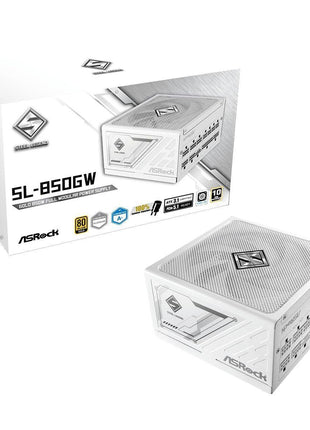 ASRock Steel Legend White Edition SL-850GW 850W ATX 3.1 PCle 5.1 Full Modular 10 Years Warranty 135 mm FDB Fan iCOOL Intelligent Power Supply 80 Plus Gold Cybenetics Platinum 12V-2x6 Cable