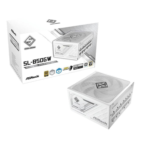 ASRock Steel Legend White Edition SL-850GW 850W ATX 3.1 PCle 5.1 Full Modular 10 Years Warranty 135 mm FDB Fan iCOOL Intelligent Power Supply 80 Plus Gold Cybenetics Platinum 12V-2x6 Cable