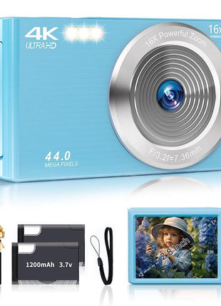 SMARTKLIK Digital Camera for Teens, FHD 4K 44MP with 64GB SD Card, 16X Digital Zoom, Compact Point Shoot Camera Blue
