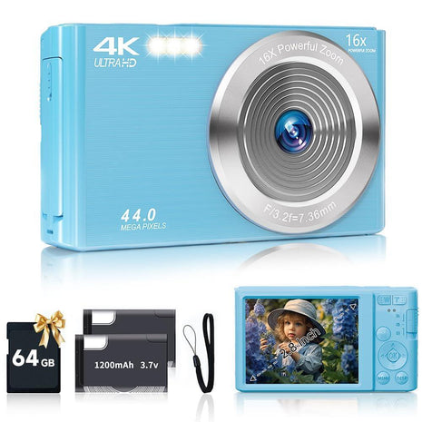 SMARTKLIK Digital Camera for Teens, FHD 4K 44MP with 64GB SD Card, 16X Digital Zoom, Compact Point Shoot Camera Blue