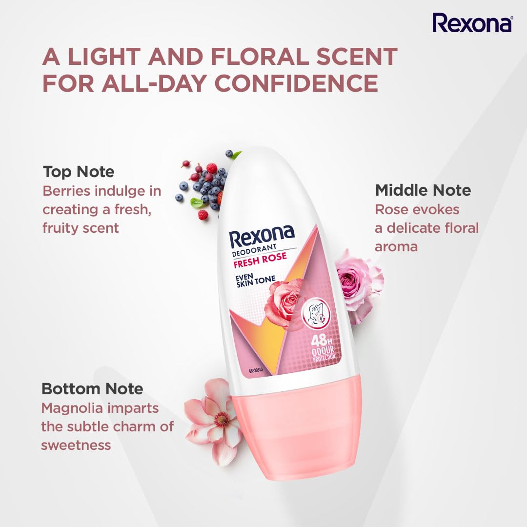 Rexona Fresh Rose Underarm Roll On Deodorant For Women, Antiperspirant With Glycerine, Removes Odour, Keeps Skin Fresh & Clean, Alcohol Free, 50 ml