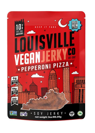 Louisville Jerky Co. Pepperoni Pizza Vegan Jerky, 3 oz, 1-Pack | Gluten-Free, Non-GMO, Plant-Based Protein Snack, Vegetarian Jerky, Pepperoni Pizza Flavor, Ready-to-Eat, Chewy Texture