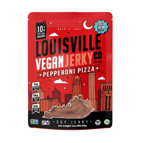 Louisville Jerky Co. Pepperoni Pizza Vegan Jerky, 3 oz, 1-Pack | Gluten-Free, Non-GMO, Plant-Based Protein Snack, Vegetarian Jerky, Pepperoni Pizza Flavor, Ready-to-Eat, Chewy Texture