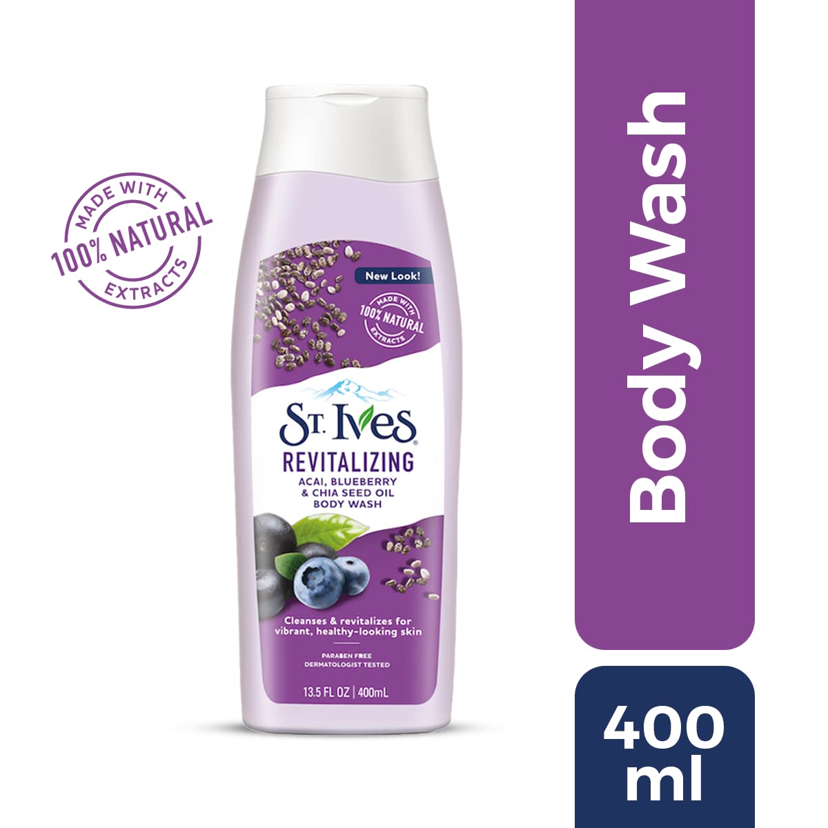 St. Ives Revitalizing Body Wash & Shower Gel With Acai,Blueberry Chia Seed Oil,Revitalizes For Healthy-Looking Skin,Moisturising Liquid 100% Natural Extracts,Paraben-Free Bath Gel,400Ml