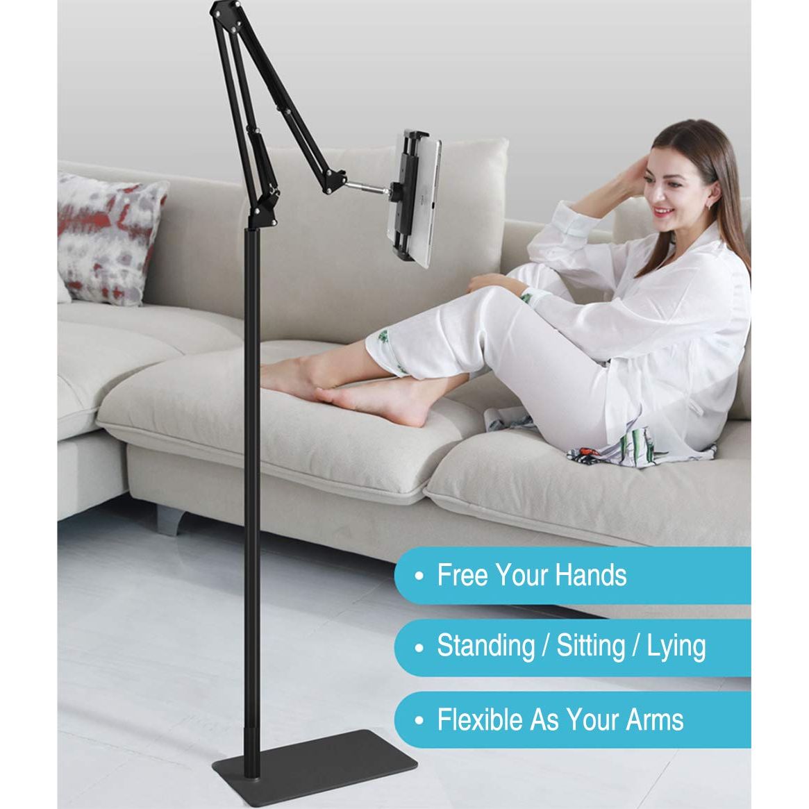Tablet Floor Stand, Overhead Bed Phone Stand Angle Height Adjustable Holder, Universal Floor Stand Compatible with iPhone iPad Pro Air Mini, Samsung Tab, Kindle, E-Readers…