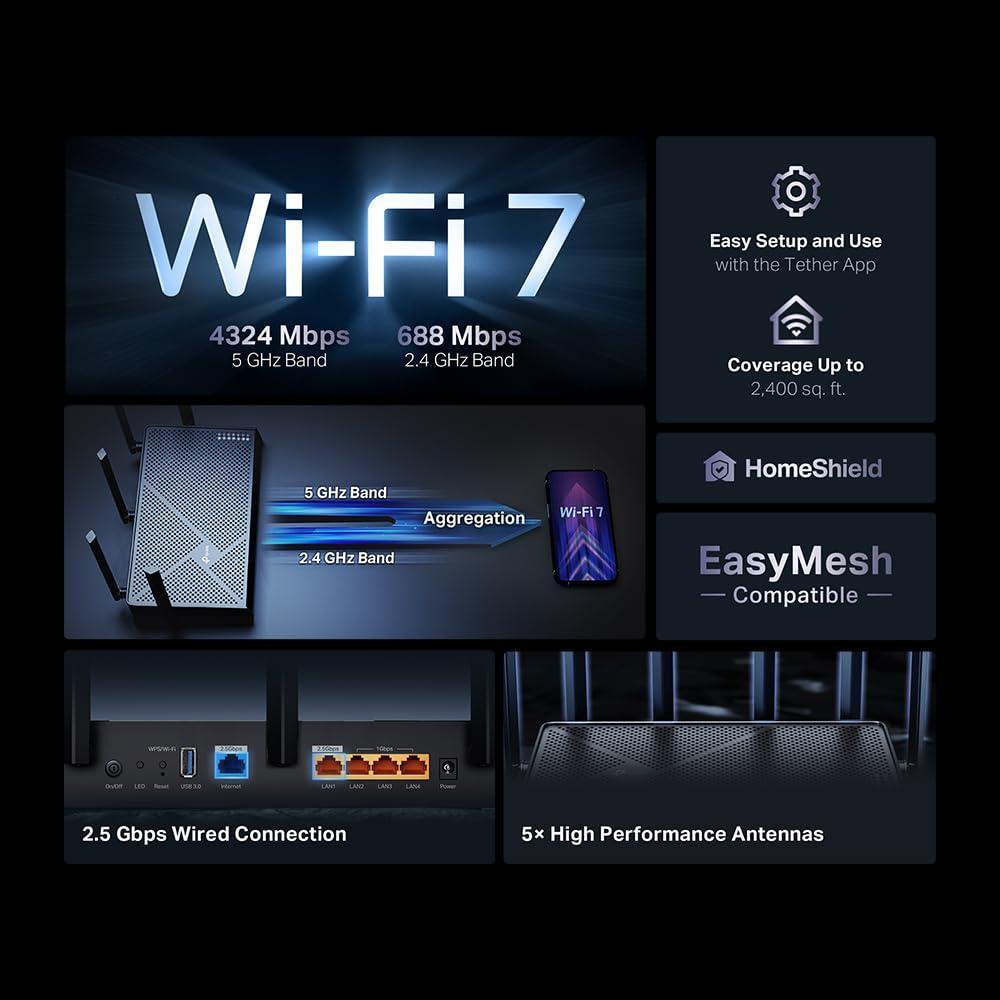 TP-Link Dual-Band BE5000 WiFi 7 Router Archer BE260 | 5-Stream 5Gbps | 1×2.5G WAN+1×2.5GLAN+3×1G Ports, USB 3.0 | 5 External Antennas | VPN Clients & Server | Easy-Mesh, HomeShield, MLO, Private IOT