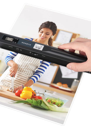 MUNBYN Portable Scanner, 900 DPI Handheld Wand Scanner, A4, 16GB SD, Black | A4 document/photo scanning, JPG/PDF output, flat scanning, USB transfer to PC/laptop, 16GB SD card included, no driver needed