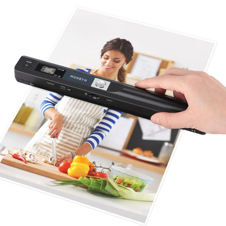 MUNBYN Portable Scanner, 900 DPI Handheld Wand Scanner, A4, 16GB SD, Black | A4 document/photo scanning, JPG/PDF output, flat scanning, USB transfer to PC/laptop, 16GB SD card included, no driver needed