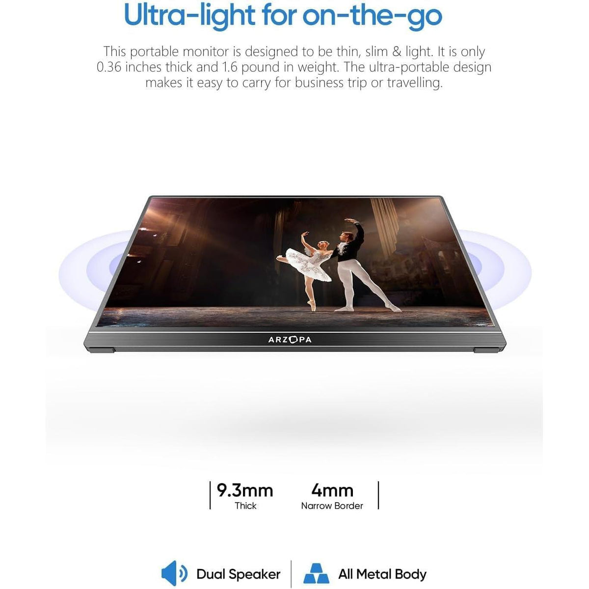 ARZOPA Portable Monitor 15.6'' FHD 1080P - Ultra-Slim Portable Laptop Monitor with Kickstand - IPS Display for PC, MAC, Phone, Xbox, PS5 - USB C & HDMI Connectivity - A1