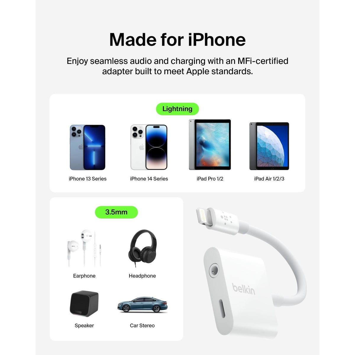 Belkin RockStar Lightning to 3.5mm Audio Cable + Audio Charger Splitter, 2-in-1 Aux iPhone Headphone and Charger Adapter - Compatible with iPhone 14, 13, 12, 11, X, and More - White