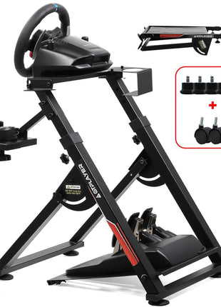 GTPLAYER Sim Racing Wheel Stand Simulator Cockpit Wheel Stand fit for Logitech G25 G27 G29 G920 G923 Thrustmaster T330TS Gaming Stand Wheel Pedals NOT Included, Deep Black With Cup Holder