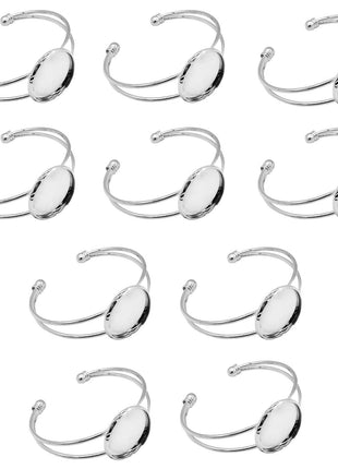 MIAO JIN 10 Pcs 25 mm Adjustable Round Cabochon Bezel Tray Blank Bangle for Crafting DIY Bracelets Making(Silver)