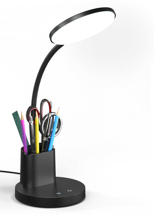 Desk Lamp, LED Desk Lamp for Home Office, Touch Table Lamp with 3 Color Modes 360° Adjustable Arm, Dimmable Desk Light with Pen Phone Holder, Black