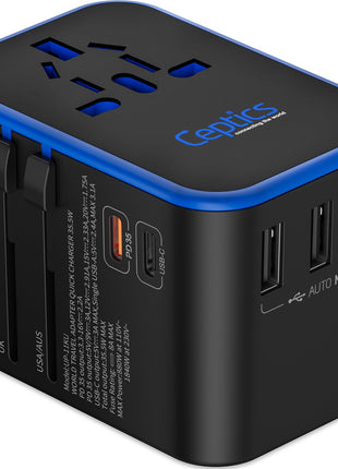 Ceptics Universal Travel Adapter, 35W International Power Adapter with PD & QC 3.0 Dual USB-C, 3 USB Travel Adapter Worldwide, Type I C G A Outlets 110V 220V A/C - EU Euro US UK (11-KU)