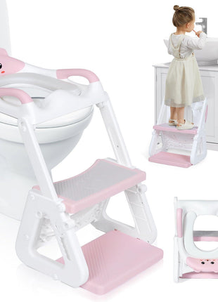 Orzbow Potty Training Seat with Step Stool, Toddler Toilet Seat with Ladder | 7 Height Adjustable, Splash Guard, Non-Slip Base, Handles, Stable Triangular Fits Most Toilets, For Kids Boys Girls, Pink