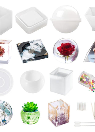 Resin Molds Silicone Kit 20Pcs,Epoxy Resin Molds Including Sphere,Cube,Pyramid,Square,Round, Used for Create Art,DIY,Coasters,Candles.Bonus Decorative Sequins and The Complete Set(20PCS Resin molds)