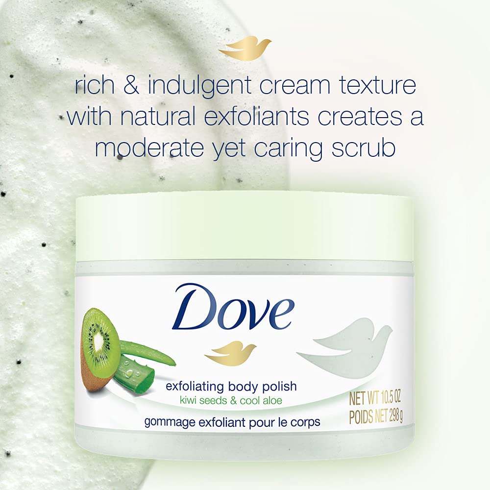 Dove Body Polish Exfoliating Scrub, Kiwi Seeds and Aloe Vera, Removes Dull & Dry Skin and Lightens Blemishes, Sulphate Free, 298 gm