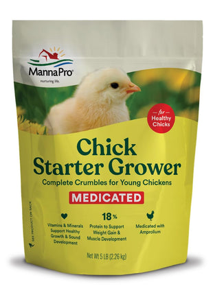 Manna Pro Medicated Chick Starter Grower Feed, Dried High Protein Chicken Food Crumbles with Amprolium for Coccidiosis Prevention, Complete Chicken Feed for Baby Chicks, 5 lb Bag
