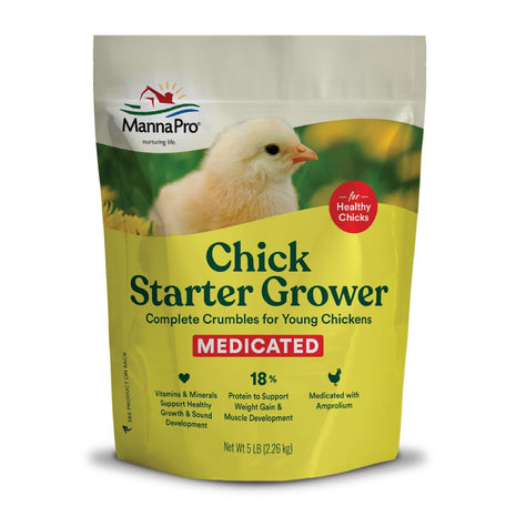 Manna Pro Medicated Chick Starter Grower Feed, Dried High Protein Chicken Food Crumbles with Amprolium for Coccidiosis Prevention, Complete Chicken Feed for Baby Chicks, 5 lb Bag