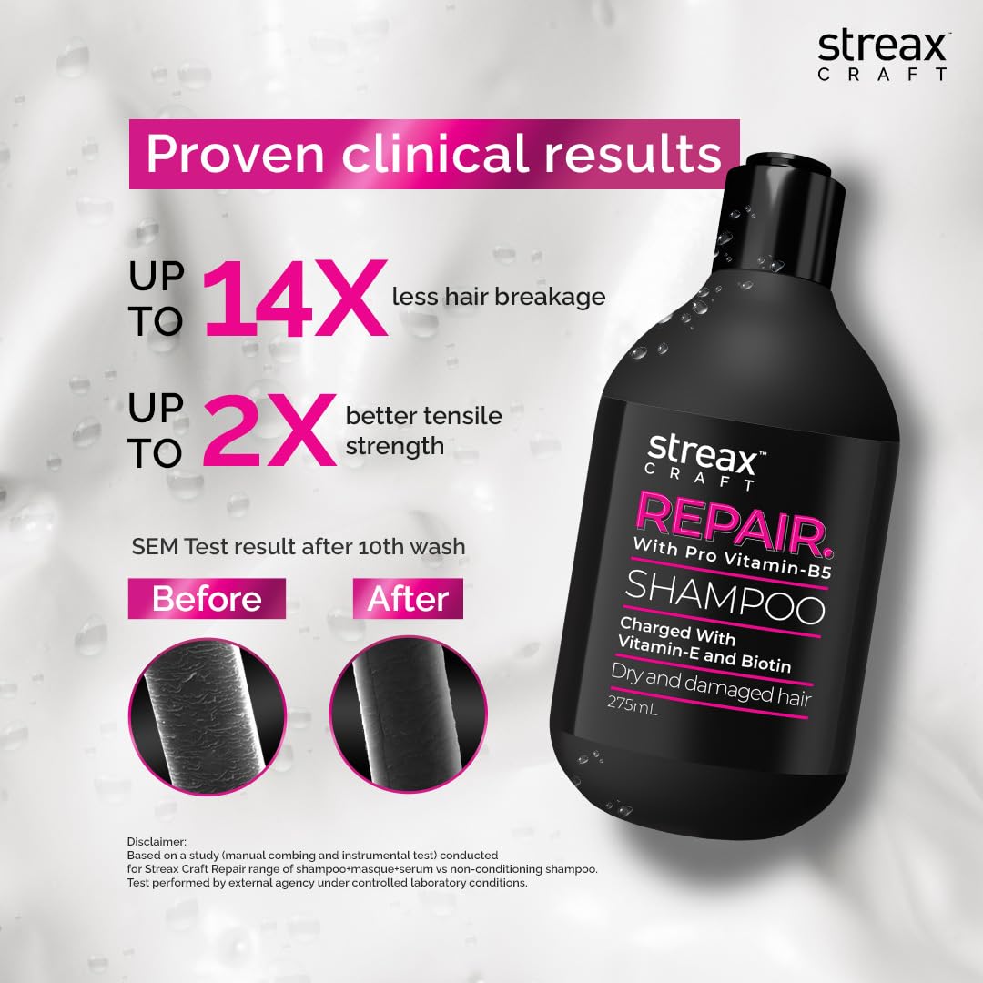 Streax Craft Repair Shampoo, 275 ml for women I For Dry and Damaged Hair I Repair With Pro Vitamin B-5 I Charged with Vitamin- E & Biotin