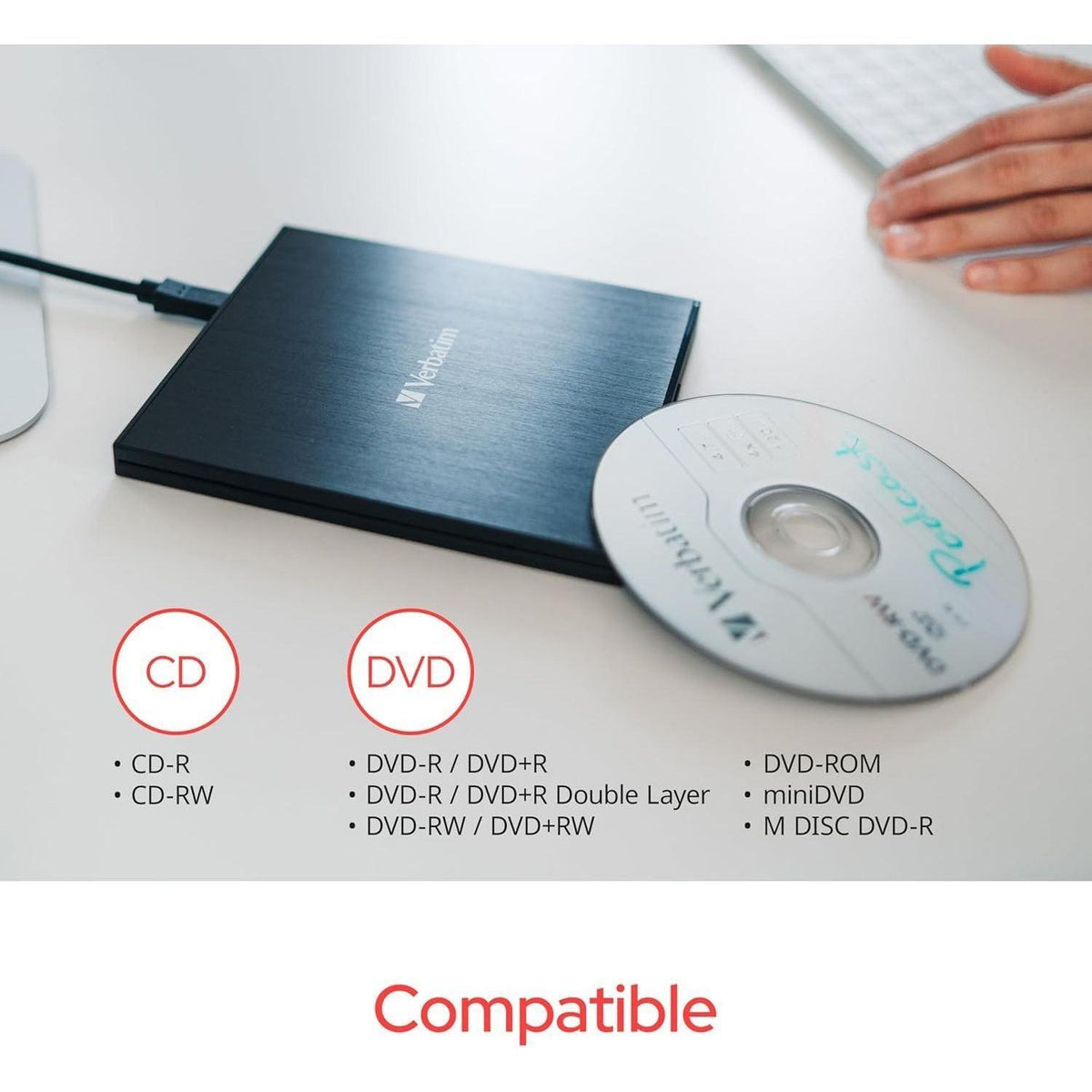 Verbatim Slimline CD / DVD Drive - External USB 2.0 CD DVD +/-RW Burner for Laptops and Notebooks with M-DISC Support - Mac & PC Compatible - Nero Burn & Archive Software Included - Black