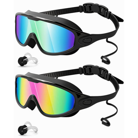 Swim Goggles 2 Pack, Wide View Anti Fog&UV Swimming Goggles for Audlt, No Leak Pool Beach Essentials for Men Women