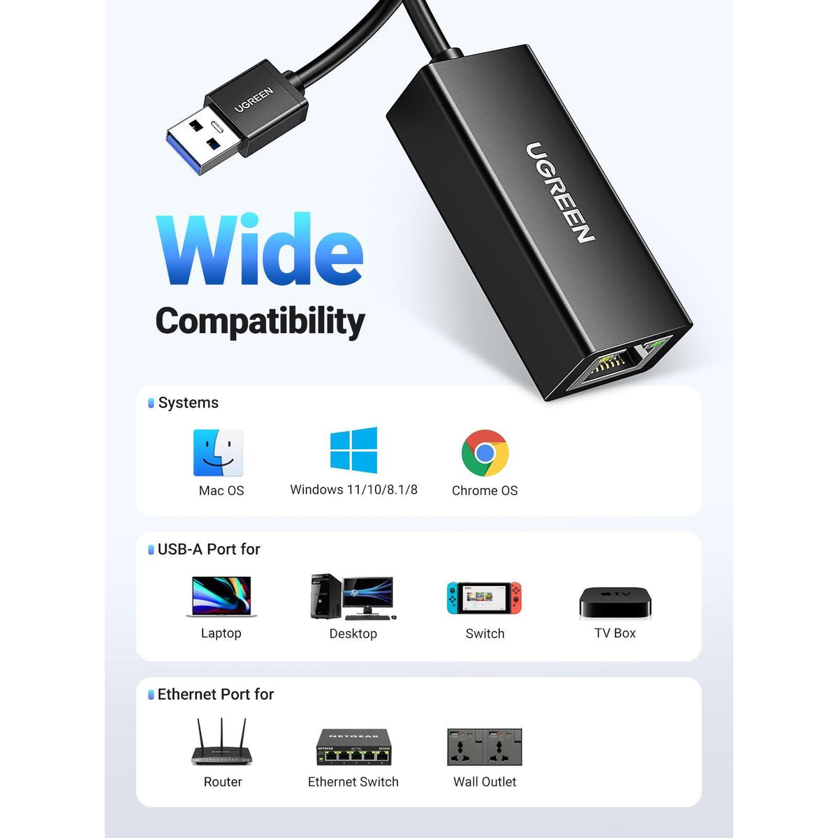 UGREEN USB to Ethernet Adapter, 1000Mbps Plug and Play Ethernet Adapter with USB 3.0, Driver Free, RJ45 LAN Network Dongle Compatible with Nintendo Switch, Laptop, PC, MacBook, Windows, macOS, Linux