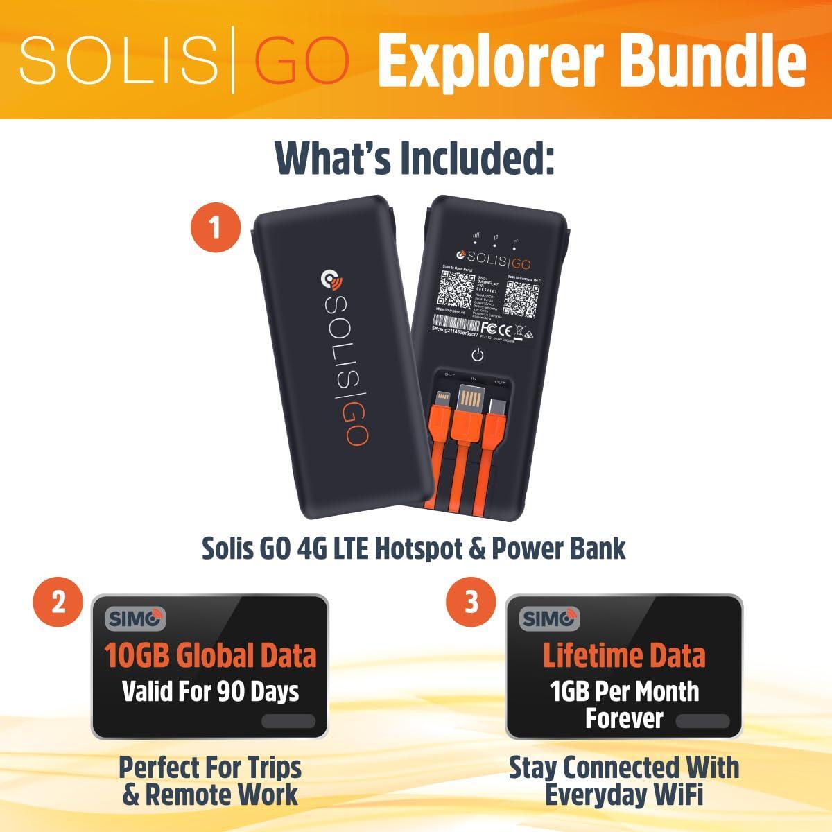 Solis Go – 4G LTE Hotspot and Power Bank | Includes Lifetime Data (12GB Per Year) and 10GB Global Data | Multi-Carrier | Internet in 140+ Countries | No Contract | Mobile Wi-Fi for Travel | by SIMO