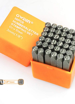 OWDEN Professional 36Pcs. Steel Metal Stamping Tool Set,(1/8 inch) 3mm,Steel Number and Letter Punch Set,Alloy Steel Made HRC 58-62 for Jewelry Craft Stamping.