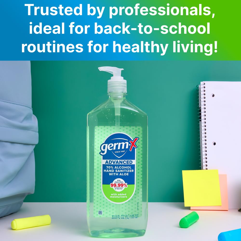 Germ-X Advanced Hand Sanitizer with Aloe and Vitamin E, Non-Drying Moisturizing Gel, Instant and No Rinse Formula, Pump Bottle, Back to School Supplies, 1 Liter