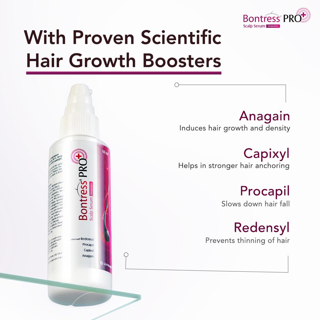 Bontress PRO+ Scalp Serum Fortified with 3% Redensyl, 3% Anagain, 4% Capixyl, 3% Procapil | Hair Serum for Hair Growth & Hair Fall 60ml