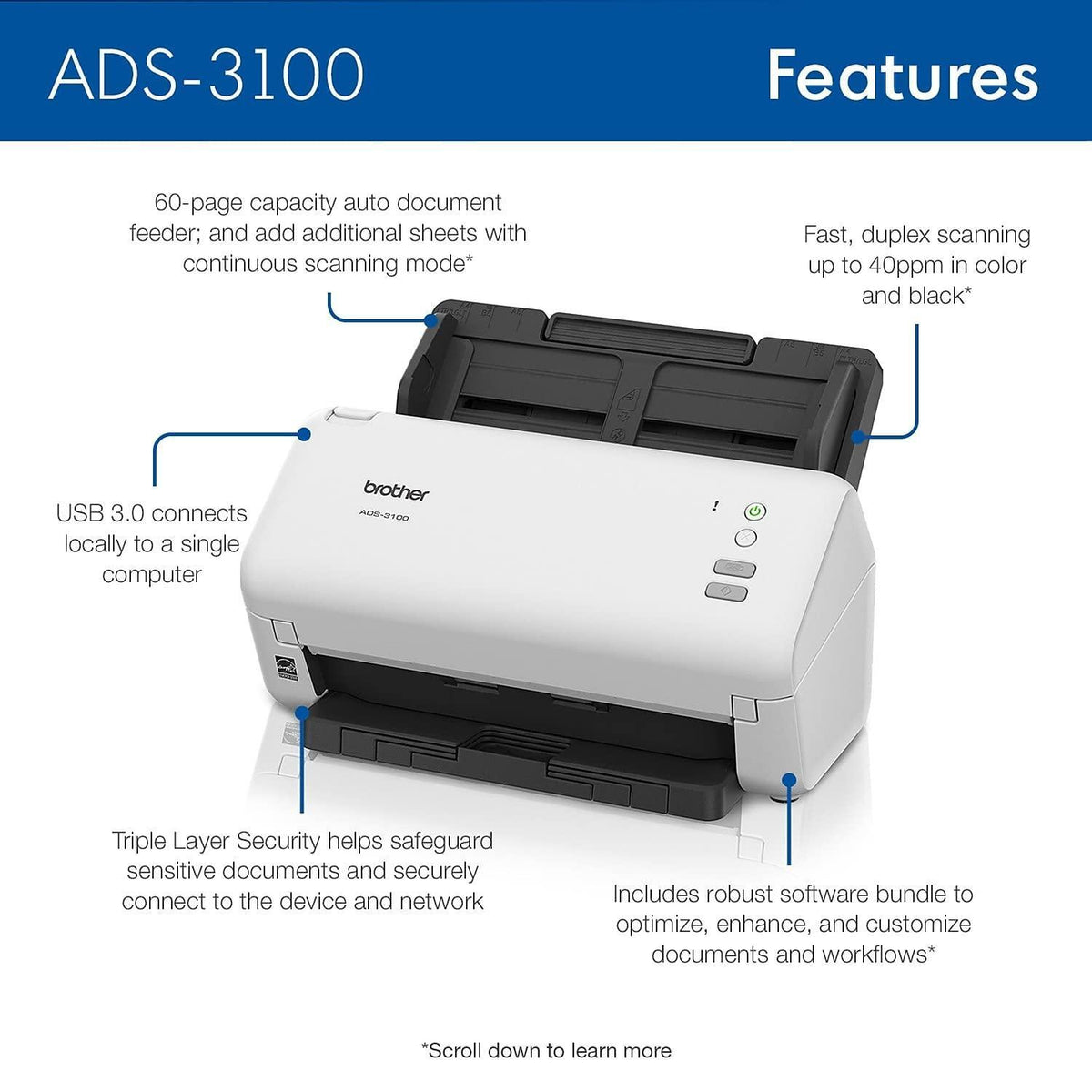 Brother ADS-3100 High-Speed Desktop Scanner | Compact with Scan Speeds of Up to 40ppm, White