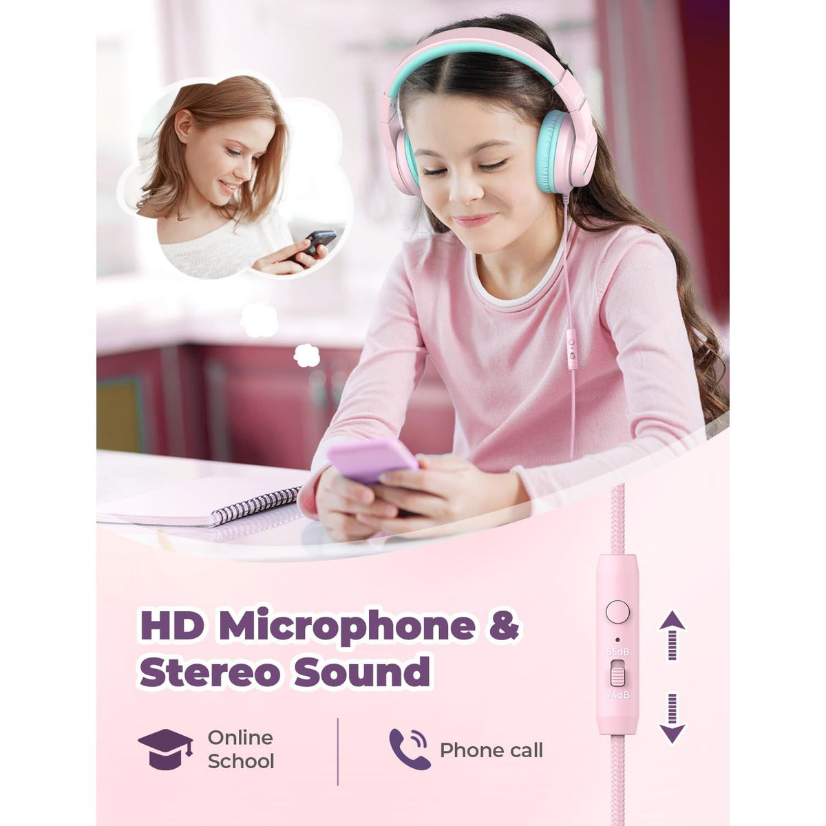 iClever HS19 Kids Headphones with Microphone for School, Safe Volume Limited, Over-Ear Girls Boys Headphones for Kids with Shareport, Foldable Wired for iPad/Travel (Pink)