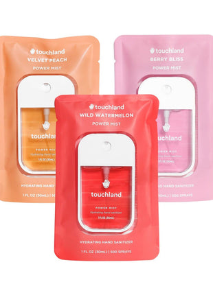 Touchland Juicy Trio Hydrating Hand Sanitizer Spray Set Travel Size | TSA ready Power Mist with skincare benefits. Velvet Peach, Berry Bliss and Wild Watermelon.