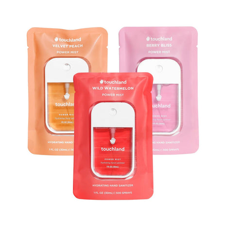 Touchland Juicy Trio Hydrating Hand Sanitizer Spray Set Travel Size | TSA ready Power Mist with skincare benefits. Velvet Peach, Berry Bliss and Wild Watermelon.