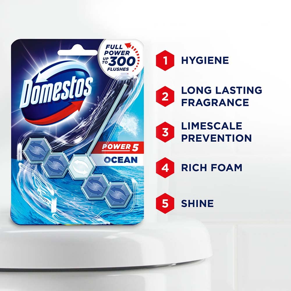 Domestos Power 5 Toilet Cleaner Rim Block with Fresh Ocean Scent, Power of 5 in 1 Limescale Prevention, Long-Lasting Fragrance, Rich Foam, Shine, and Hygiene, Protects Against Germs & Keeps Toilet Clean & Shiny After Every Flush, 55g (Pack of 4)