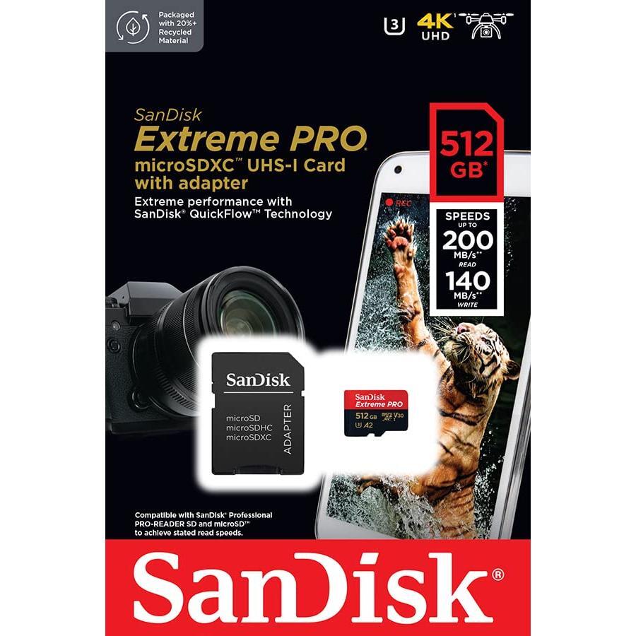 SanDisk Extreme PRO microSDXC UHS-I Memory Card 512 GB + Adapter & RescuePRO Deluxe (for Smartphones, Action Cameras or Drones, A2, Class 10, V30, U3, 200 MB/s Transfer)