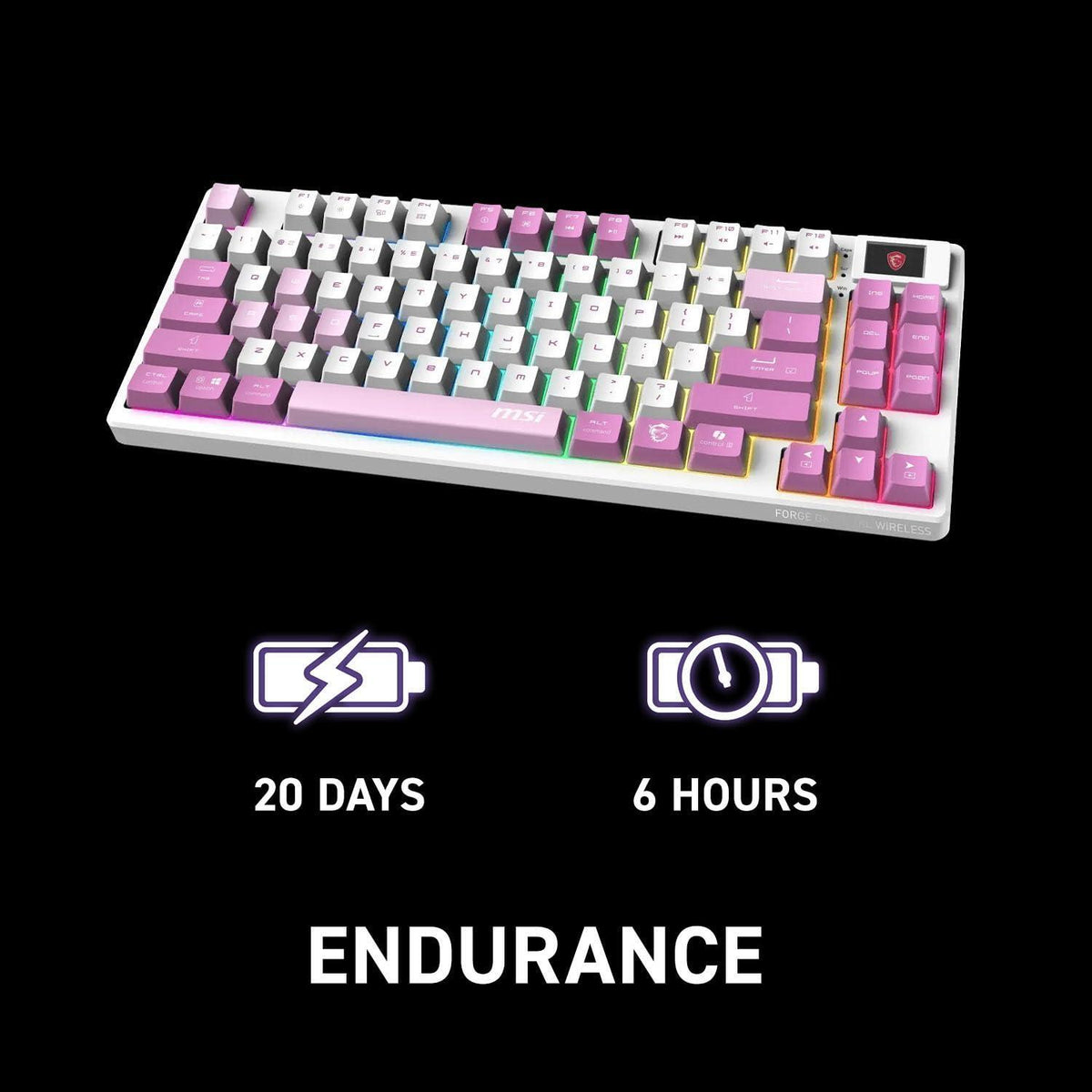 MSI Forge GK600 TKL W Violet US - Mechanical Linear SWITCHES - Dye-Sublimated PBT Keycaps, Anti-Slip Base, RGB LED, USB 2.0, Bluetooth, 2.4 GHz - Tenkeyless
