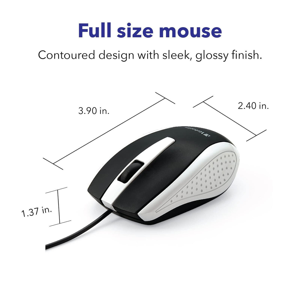 Verbatim Wired USB Computer Mouse - Corded USB Mouse for Laptops and PCs - Right or Left Hand Use, White 99740, 1.4" x 2.4" x 3.9"