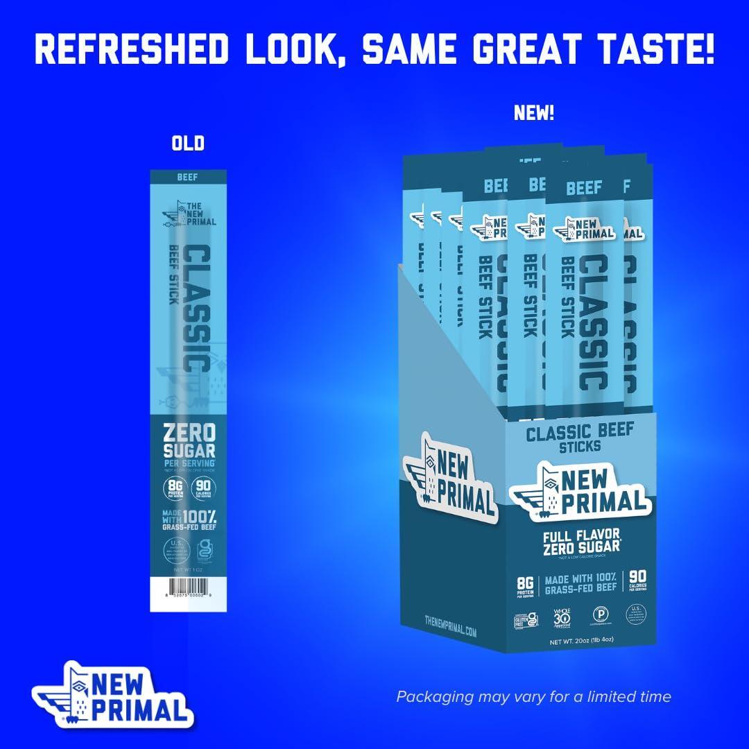 The New Primal Grass Fed Beef Sticks, Keto, Gluten Free Healthy Snacks for Adults, Sugar Free Low Carb High Protein Snack, Paleo Whole30 Jerky Meat Stick, 8g Protein, 90 Calories, 20 Pack