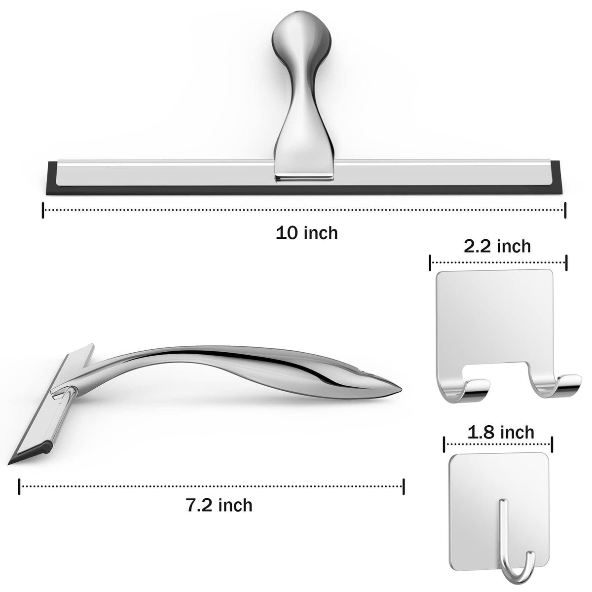 All-Purpose Stainless Steel Shower Squeegee for Shower Glass Door with 2 Adhesive Hooks, Bathroom Cleaner Tool Household Window Mirror Squeegee , Cleaning Tile Wall, Car, 10 Inch Silver