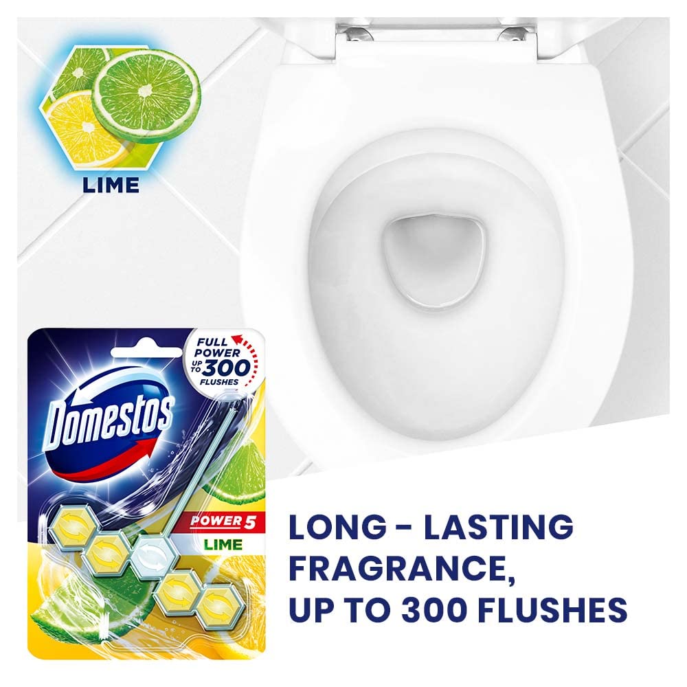 Domestos Power 5 Toilet Rim Block, Lime, Limescale Removal with Long Lasting Fragrance, Provides Hygiene & Shine, 55 gm (Pack Of 2)