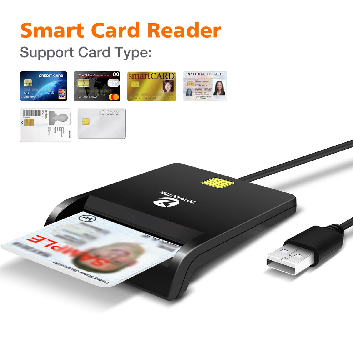 ZOWEETEK CAC Card Reader Military, Smart Card Reader DOD Military USB Common Access CAC, Compatible with Windows, Mac OS and Linux