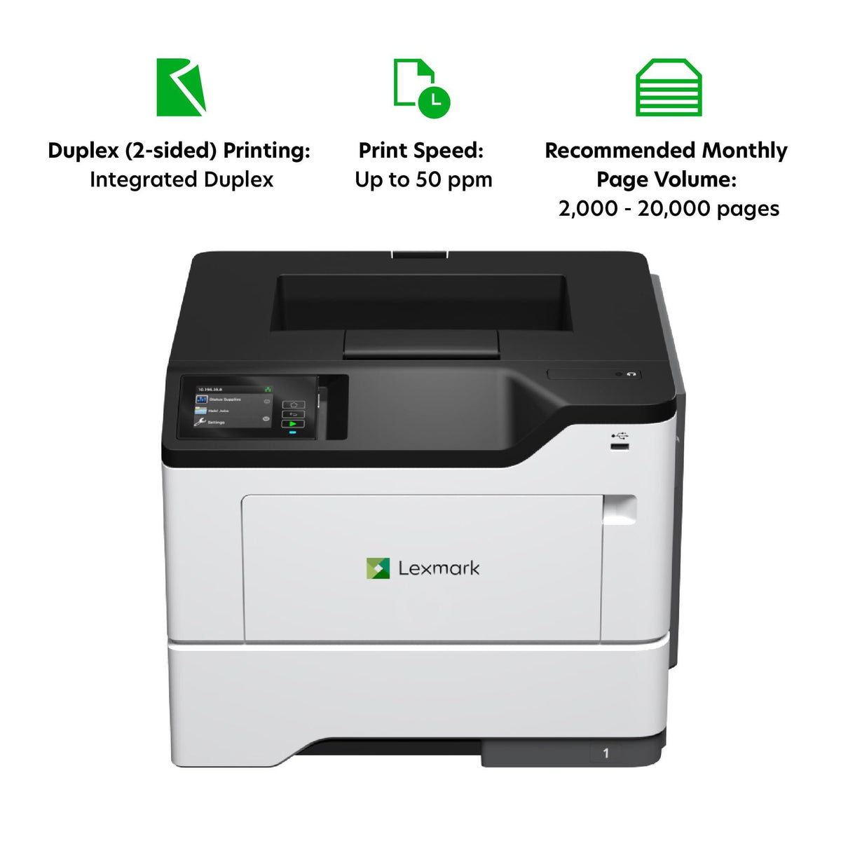 Lexmark MS631dw Monochrome Laser, Duplex (2-Sided) Printing: Integrated Duplex, Print Speed: Up to 50 ppm, Energy Star, 2.8 inch (7.2 cm) Color Touch Screen (38S0400)