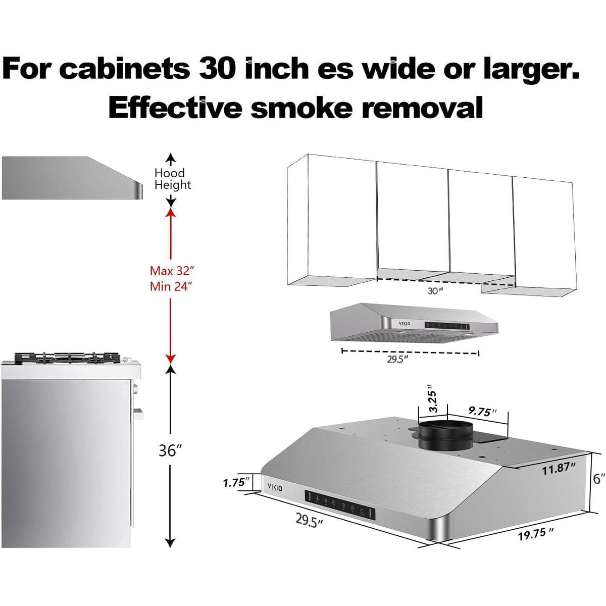 VIKIO HOME Range Hood 30 inch Under Cabinet,Kitchen Hood with 980CFM,3Speed Gesture Sensing&Touch Control Panel,Stainless Steel Kitchen Vent